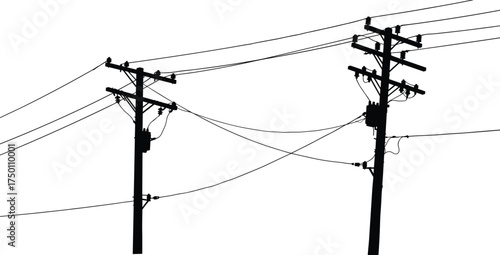 Utility poles silhouette, power lines illustration, electrical infrastructure artwork, electricity distribution system, urban energy grid, engineering concept, 
