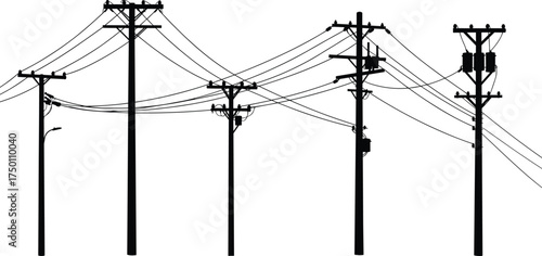 Utility poles silhouette, power lines illustration, electrical transformers artwork, electricity distribution system, urban energy grid, engineering concept, 