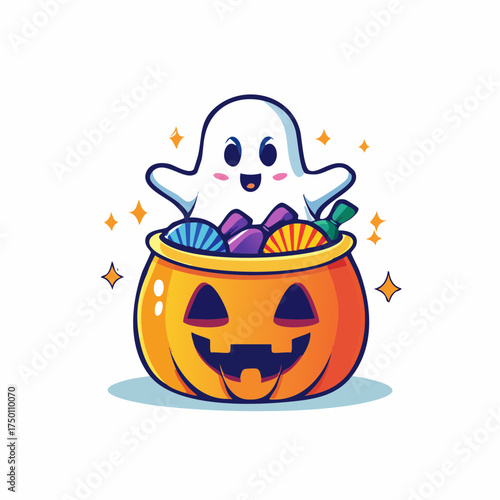 A cheerful ghost happily peeks out of a pumpkin filled with Halloween candy.