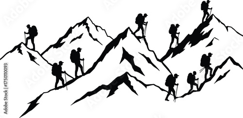 Mountain climber silhouettes, hiking ascent vector, rugged terrain illustration, black icons, backpack and pole poses, outdoor adventure, elevation challenge, nature exploration concept