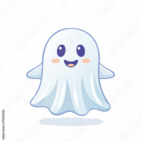 A cheerful cartoon ghost floats against a clean white background, smiling.