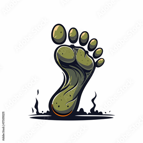 A stylized illustration of a green, cartoon-like foot stepping on the ground.