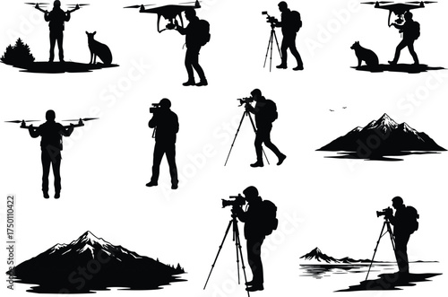 Outdoor silhouette illustration, drone operator, nature photographer, mountain landscape, forest scene, animal companion, tripod camera, black vector art, adventure exploration