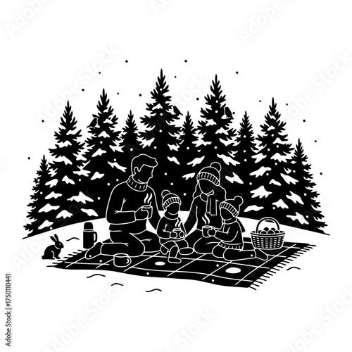 Winter snow activities families enjoying vector art of family having picnic in winter forest