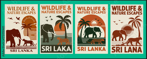 Sri Lanka Wildlife and Nature Vintage Poster Set with Elephants Retro Travel Stamp Collection Vector Illustration