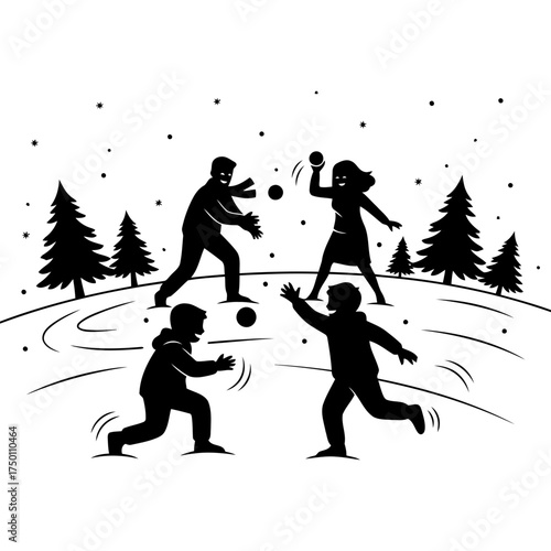 Winter snow activities families enjoying vector art of silhouette of family playing snowball fight