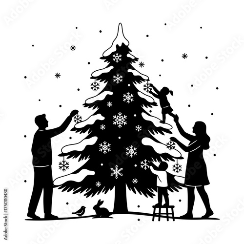 Winter snow activities families enjoying vector art of silhouette of family decorating christmas tree