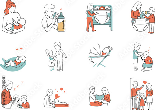 Parenting icons, baby care, feeding, diaper change, playtime, family bonding, sleeping child, breastfeeding, bottle prep, bath time, childcare routine, nurturing moments