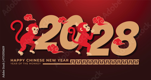 Year of The Monkey 2028 sign, number decorated with monkey zodiac and cloud vector