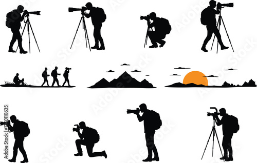 Photographer and hiker silhouettes, nature exploration vector, tripod camera poses, mountain landscape icon, outdoor activity, black illustration, travel concept, adventure scene