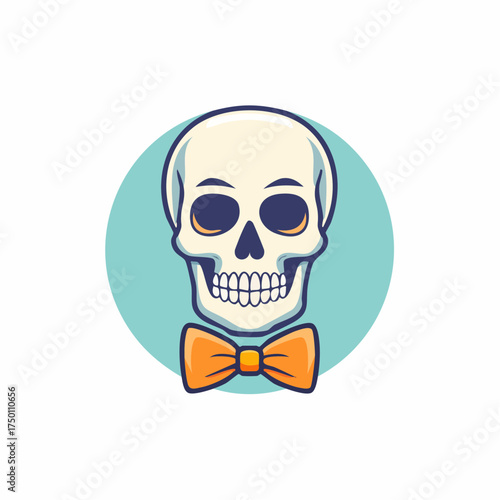 Cartoon skull with a bow tie against a light blue circular background.