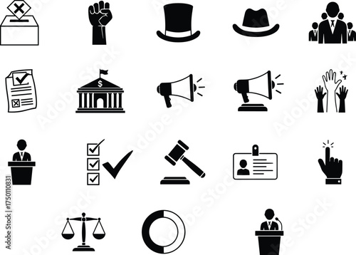 Political election icons set with vote ballot, politician podium, protest fist, law gavel, scales of justice, government, democracy, campaign