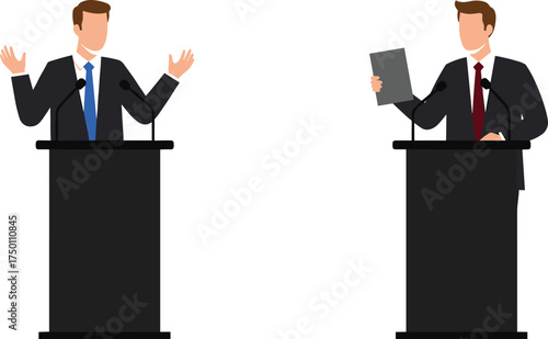 Political debate illustration with two businessmen in suits speaking at podiums, public speech discussion, election candidate presentation concept, government leadership communication