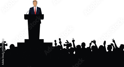 Political leader giving speech at podium with microphones in front of audience, crowd cheering, cameras recording, press conference, election rally