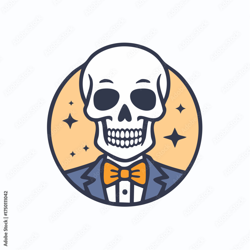 Fototapeta premium A stylized illustration of a skeleton wearing a suit and bow tie, inside a circle.