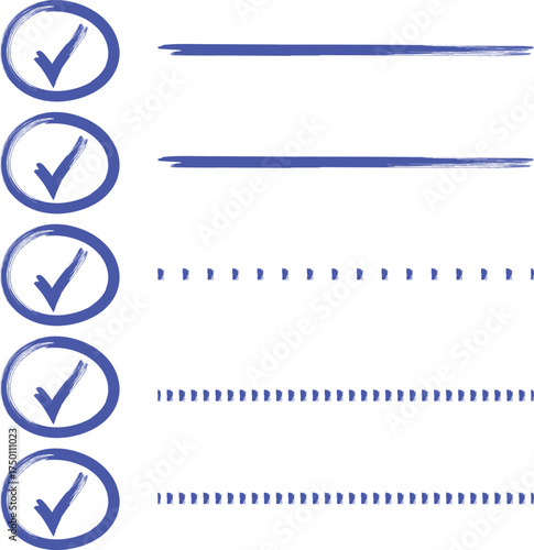 Hand-drawn blue checklist vector set. Sketchy brush stroke check marks and lines for to-do list design.

