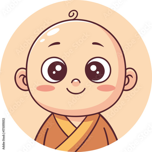 Cute Cartoon Baby Monk with Big Eyes and Peaceful Smile – Vector Illustration
