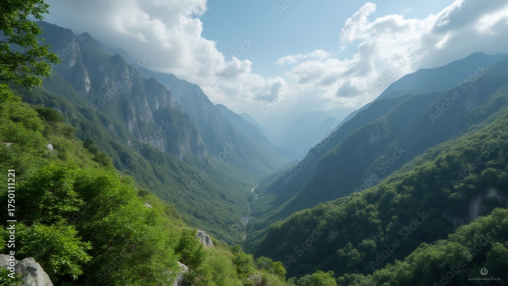 Obraz premium Lush Green Valley in Mountainous Landscape Under Cloudy Sky, Montenegro