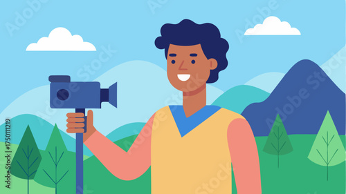 An influencer holding a smartphone smiling while filming a video outdoors with a picturesque backdrop of nature.