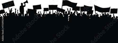 Protest crowd silhouette people holding banners flags placards with megaphone demonstration strike political rally activism social movement revolution rights freedom