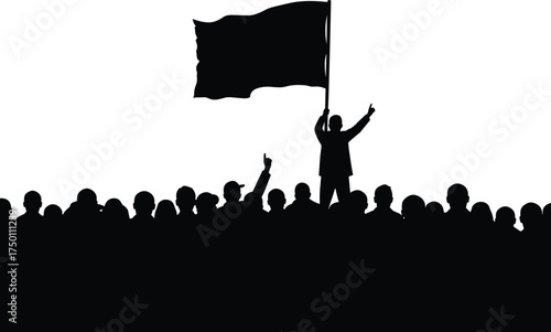 Protest leader holding flag addressing rally crowd, activist demonstration illustration, political revolution strike, social movement gathering, people demanding freedom and justice concept