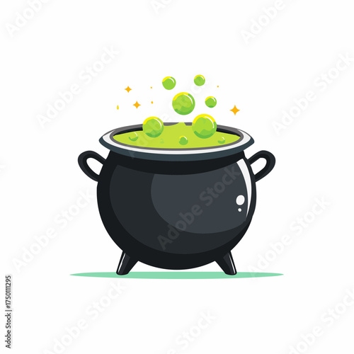 A black cauldron with green potion bubbling inside, surrounded by small yellow stars, on a white background.