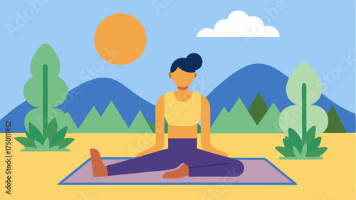 An outdoor yoga session on a sunny day showing a person in a peaceful pose surrounded by nature with a yoga mat and tered pebbles.