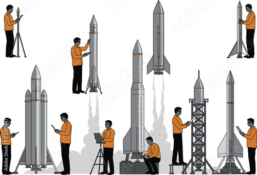 Rocket engineering illustration, scientists inspecting launch pads and spacecraft, black vector art, aerospace development scene, technical collaboration moment, space technology activity