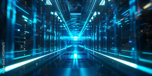 Futuristic glowing blue digital data server room with receding perspective