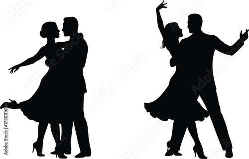 Romantic couple dance silhouettes in ballroom style, man and woman in elegant poses, love, passion, performance, celebration, rhythm, art, entertainment illustration