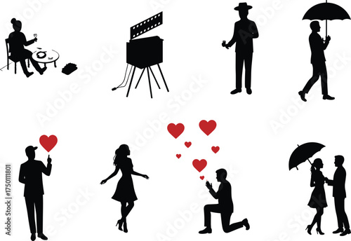 Romantic silhouettes, love proposal, dining date, umbrella couple, heart symbol, flower gesture, filmmaking scene, everyday romance, lifestyle icons, affection moment, relationship theme