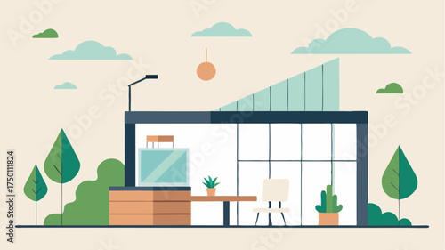 A minimalist architectural sketch of an ecofriendly office space focused on natural lighting open floor plans and sustainable materials.