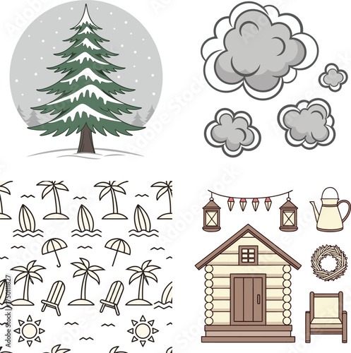 Winter tree clouds beach cabin lanterns snow forest