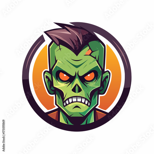 Menacing Green Zombie Face with Red Eyes and Stitches in Bright Studio