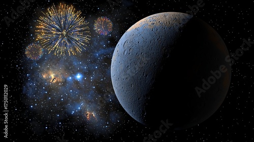 Dreamlike outer space scene with colorful fireworks and starlight reflections