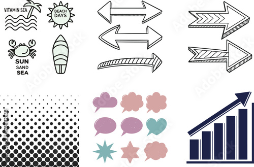 Beach crab surfboard sun waves palm tree arrows vector