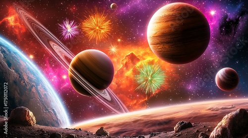 Dreamlike outer space scene with colorful fireworks and starlight reflections
