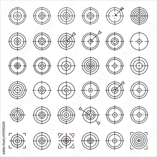Collection of diverse circular target designs and crosshair reticles for aiming and precision