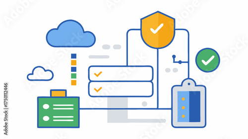 Compliance and Regulations A diagram outlining various compliance standards related to cloud data storage represented by checklist icons and official stamps.