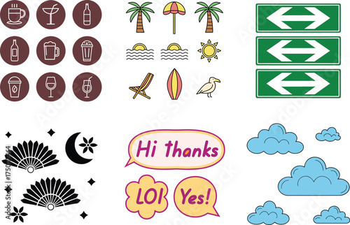 Drink beach sign cloud fan moon vector