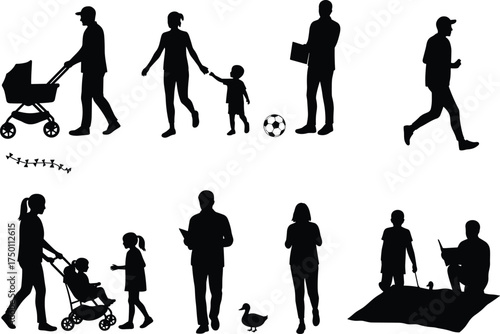 Silhouette family outdoor activities, parents with children walking, reading, jogging, sitting on picnic blanket, stroller and pram, family lifestyle vector illustration