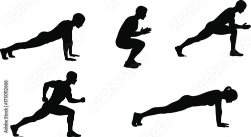 Silhouette fitness exercises, men and women training, squats, lunges, pushups, running, workout poses, gym bodyweight training, healthy lifestyle, strength and endurance illustration