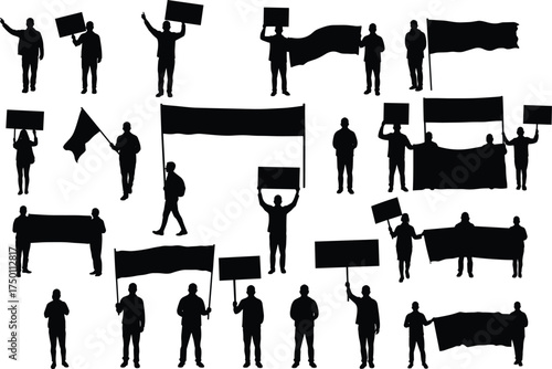 Silhouette protest people holding banners, signs, placards and flags, group demonstration crowd march, activist strike rally illustration, social movement political activism