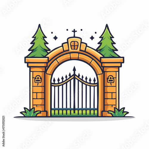 Spooky Cemetery Gate Archway with Pine Trees and Cross on Isolated White Background