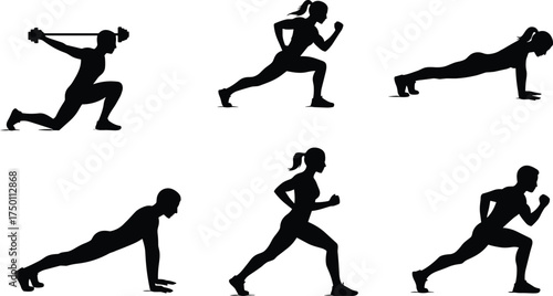 Silhouette workout exercises, fitness training, pushups, lunges, running, gym strength workout, bodyweight exercise, healthy lifestyle, athletic men and women illustration