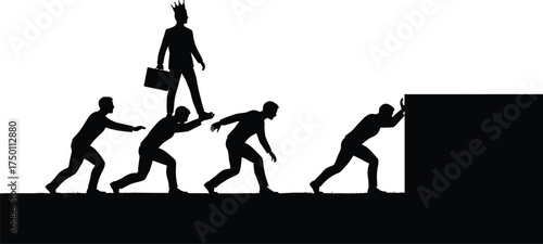 Silhouette teamwork concept illustration with businessmen carrying leader wearing crown, business hierarchy power exploitation, unfair leadership authority and corporate management control