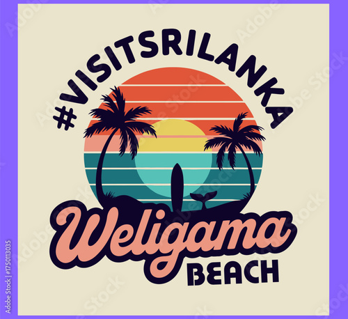 Visit Sri Lanka Weligama Beach Hashtag Typography Retro Sunset Circle with Surfer Palm Trees Vector Badge