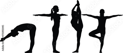 Silhouettes of women practicing yoga poses with balance, stretching, meditation, fitness, flexibility, exercise, wellness, relaxation, calm, healthy lifestyle, vector design
