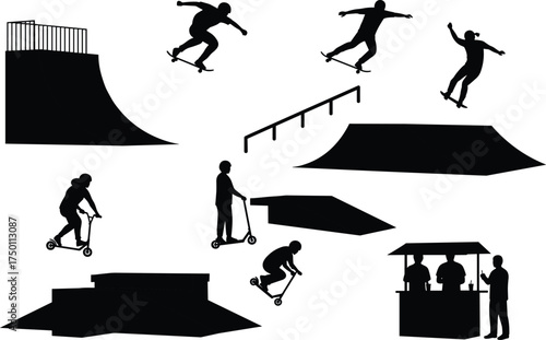 Skatepark silhouette illustration, ramps and rails, skateboard tricks, scooter stunts, youth culture, extreme sports, black art, outdoor activity, kiosk scene, freestyle motion
