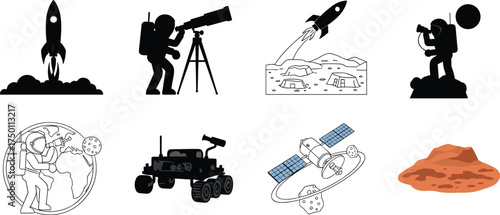 Space exploration icons, rocket launch, astronaut activity, planetary surface, telescope observation, robotic rover, satellite orbit, celestial study, cosmic mission, science illustration, outer space